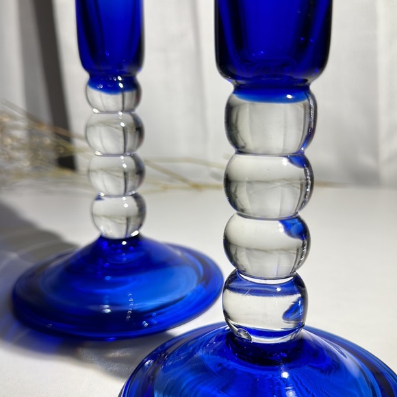 Vintage Hand Blown Colbalt Blue Bubble Glass Candle Holders Set of 2 - Picture 3 of 9